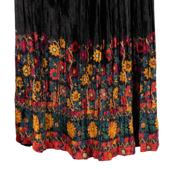 Boho Velvet Maxi Skirt Floral VTG 90s Crinkle Hippie Indie Festival Colorful - Picture 3 of 5